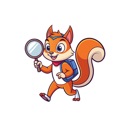 Cartoon squirrel with magnifying glass and backpack investigationのイラスト素材