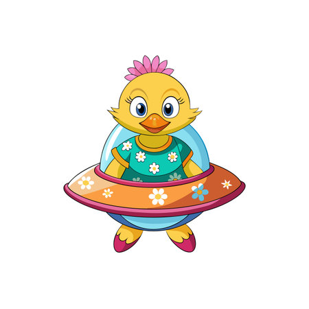 Cartoon chicken piloting a cute flying saucer spaceshipのイラスト素材