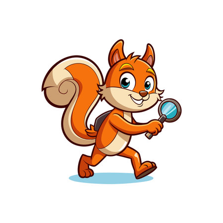 Cartoon squirrel detective investigating with magnifying glass on the runのイラスト素材