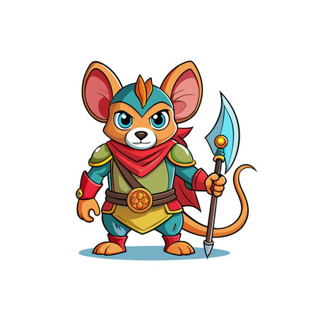 Cartoon mouse warrior equipped with halberd ready for battleのイラスト素材