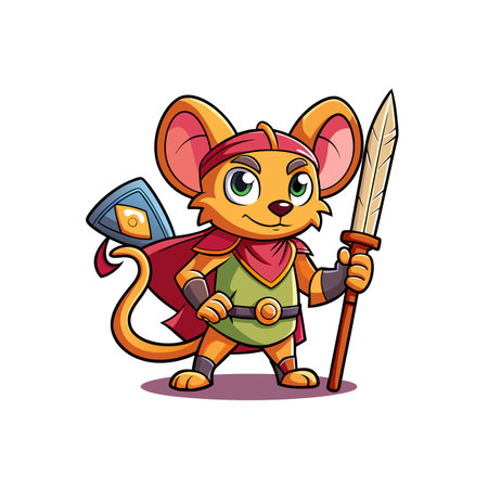 Cartoon mouse warrior with spear and shield illustrationのイラスト素材