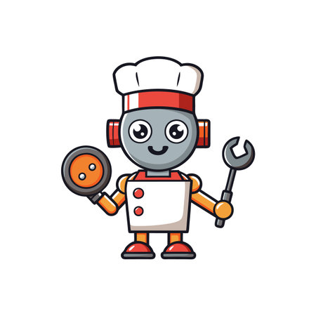 Robot chef holding frying pan and wrench illustration designのイラスト素材
