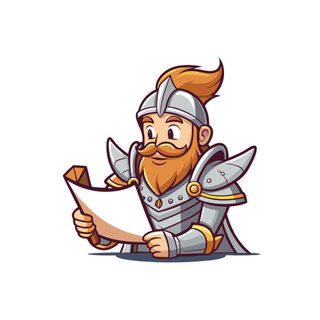 Cartoon knight reading a map or scroll with excitementのイラスト素材