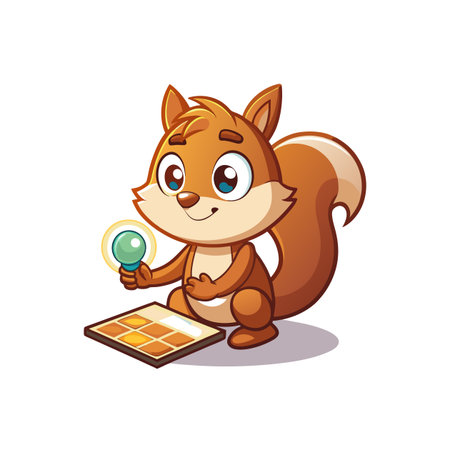 Cute cartoon squirrel solving puzzle with glowing light bulbのイラスト素材