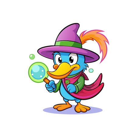 Cartoon duck wizard with a magnifying glass character designのイラスト素材