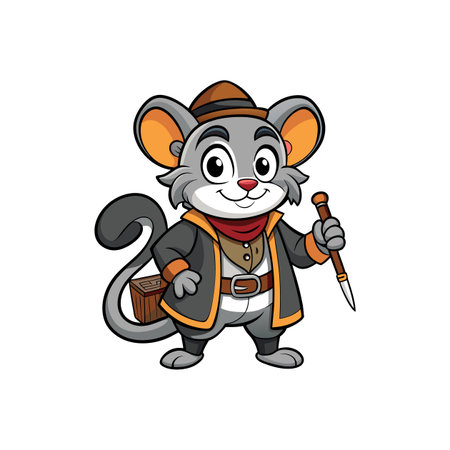 Cartoon mouse character in costume with cane and chestのイラスト素材