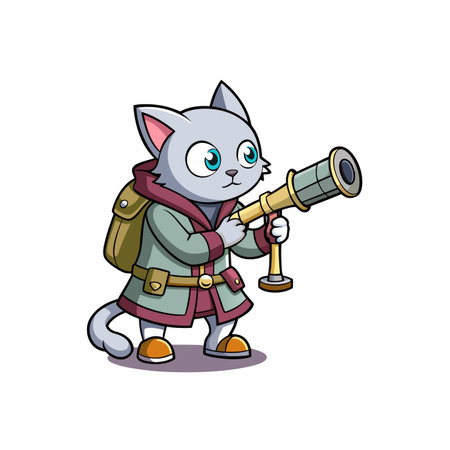 Adventurous cartoon cat observing with a spyglass telescope illustrationのイラスト素材
