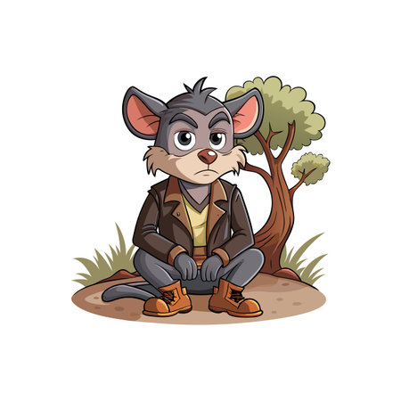 Cartoon mouse character sitting near tree looking unhappyのイラスト素材