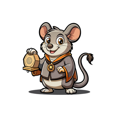 Cartoon mouse wizard holding a wooden artifact illustrationのイラスト素材