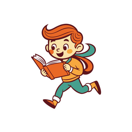 Cheerful boy running with a book in cartoon styleのイラスト素材