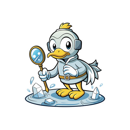 Cartoon Investigator Duck examining ice with a magnifying glassのイラスト素材