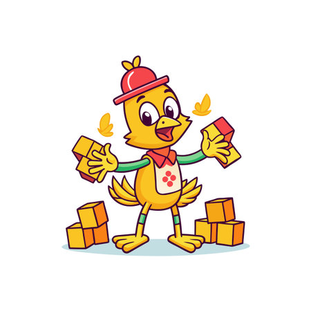 Cartoon bird character playing with colorful toy blocks, cheerfulのイラスト素材