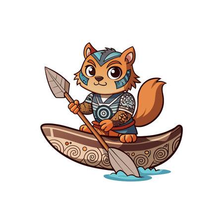 Cartoon squirrel paddling in decorative canoe on white backgroundのイラスト素材