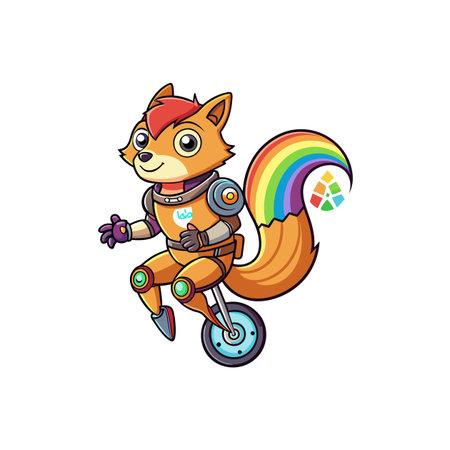 Cartoon Fox Robot on a Unicycle with Rainbow Tailのイラスト素材
