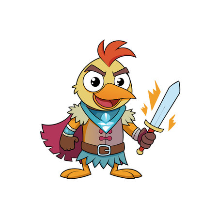 Cartoon chicken character hero wielding a shining sword imageのイラスト素材