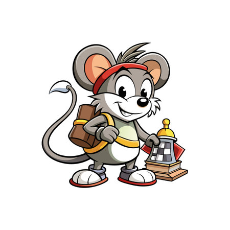 Cartoon mouse adventurer standing with tower and backpack illustrationのイラスト素材
