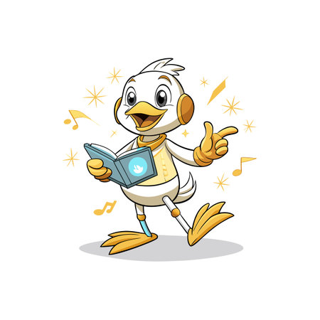 Cartoon Duck Mascot Character Reading a Book and Dancingのイラスト素材