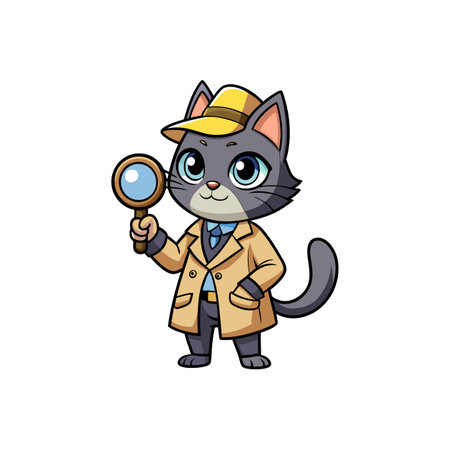 Cartoon cat detective character with magnifying glass illustrationのイラスト素材