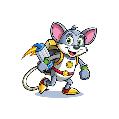 Cartoon mouse character flying with a rocket pack illustrationのイラスト素材
