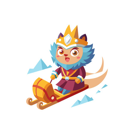 Cartoon fox character on sled with snow backgroundのイラスト素材
