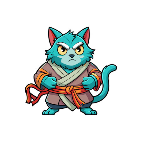 Fierce cartoon cat in karate outfit, ready for actionのイラスト素材