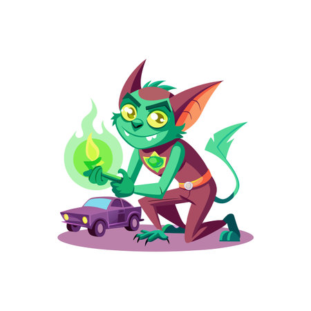 Cartoon imp blesses toy car with magic fire torchのイラスト素材