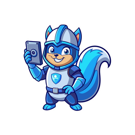 Cartoon squirrel knight holding tablet, digital security illustrationのイラスト素材