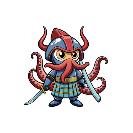 Cheerful Samurai Octopus Character with Miniatureのイラスト素材