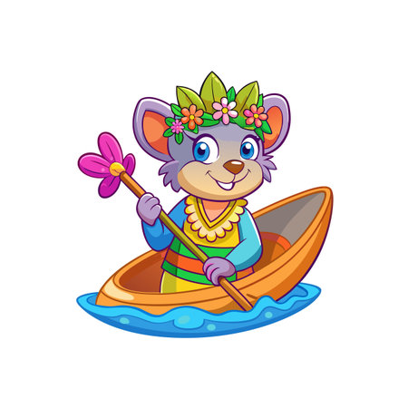 Vector illustration of a cute cartoon mouse in a boat with a spear.のイラスト素材