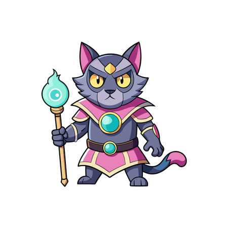 Cute cartoon cat in costume of knight with magic wand and candy. Vector illustration.のイラスト素材
