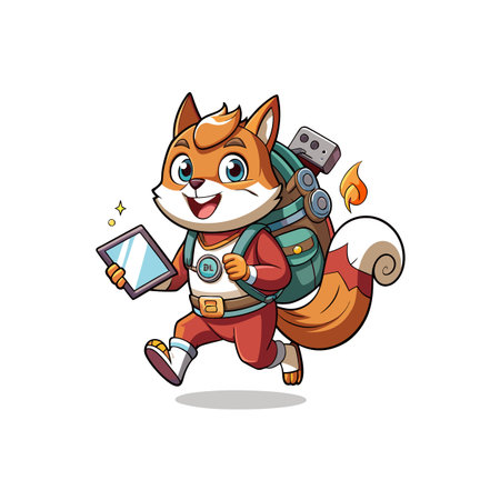 Vector illustration of a cute cartoon fox with a backpack holding a tablet.のイラスト素材
