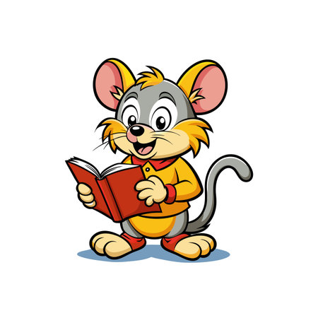 Cute mouse reading a book on white background. Vector illustration.のイラスト素材