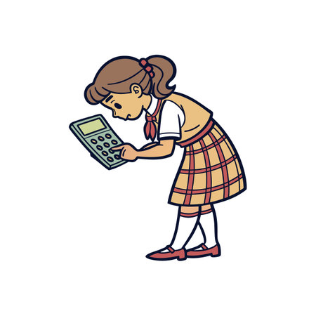Girl using calculator in school uniform, cartoon illustrationのイラスト素材