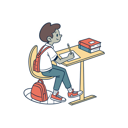 Illustration of student studying at desk with books and backpackのイラスト素材