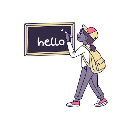 Student writing hello on chalkboard illustration, educational concepts artのイラスト素材