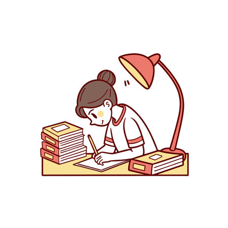 Cartoon girl studying with books and lamp illustrationのイラスト素材