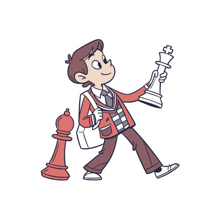 Cartoon boy with chess piece celebrating game winning strategyのイラスト素材
