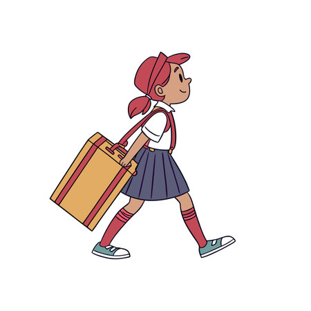 Illustration of a young girl with suitcase walking to schoolのイラスト素材