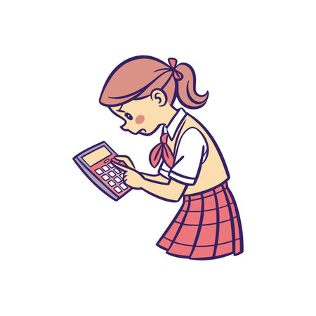 Worried schoolgirl using a calculator for math problemsのイラスト素材