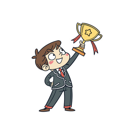 Cartoon boy raises trophy celebrating achievement with upward gazeのイラスト素材