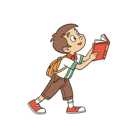 Cartoon boy reading book, wearing backpack and suspendersのイラスト素材