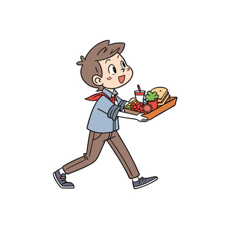 Cartoon boy carrying a lunch tray with a smileのイラスト素材