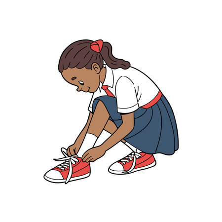 Cartoon girl tying her shoelaces, back to school themeのイラスト素材