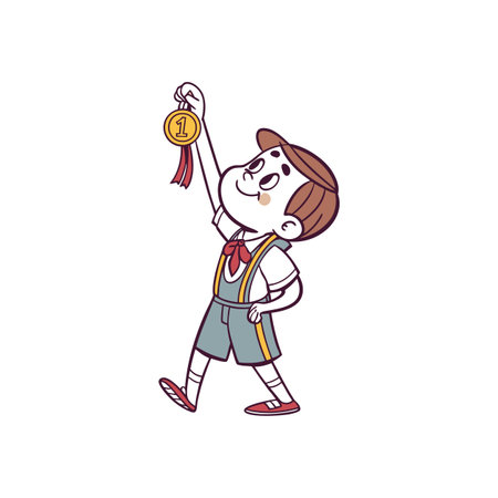 Cartoon boy celebrates winning first place with gold medalのイラスト素材
