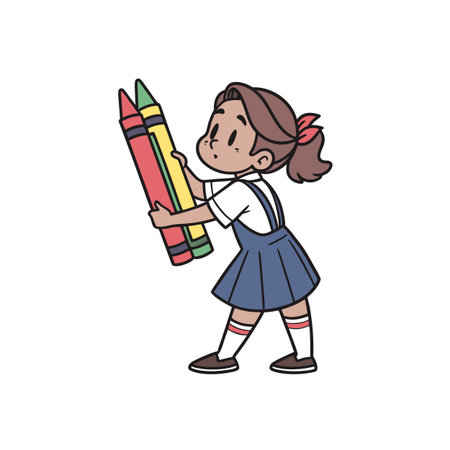 Cartoon schoolgirl carrying oversized colorful crayons with curious expressionのイラスト素材