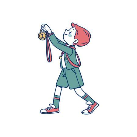Boy with medal celebrating success cartoon vector illustrationのイラスト素材