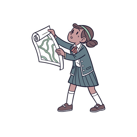 Girl in school uniform reading a treasure map scrollのイラスト素材