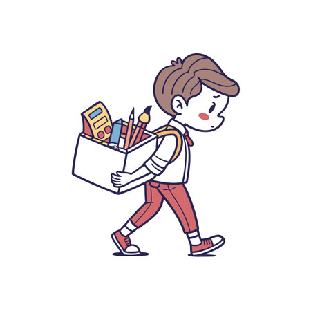 Boy carrying heavy art supplies box, looking tiredのイラスト素材