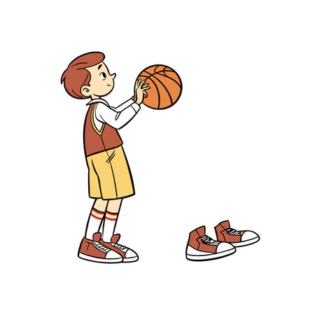 Cartoon boy practices basketball skills with shoes at floorのイラスト素材