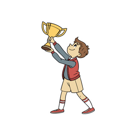 Cartoon boy proudly holding golden trophy above his headのイラスト素材